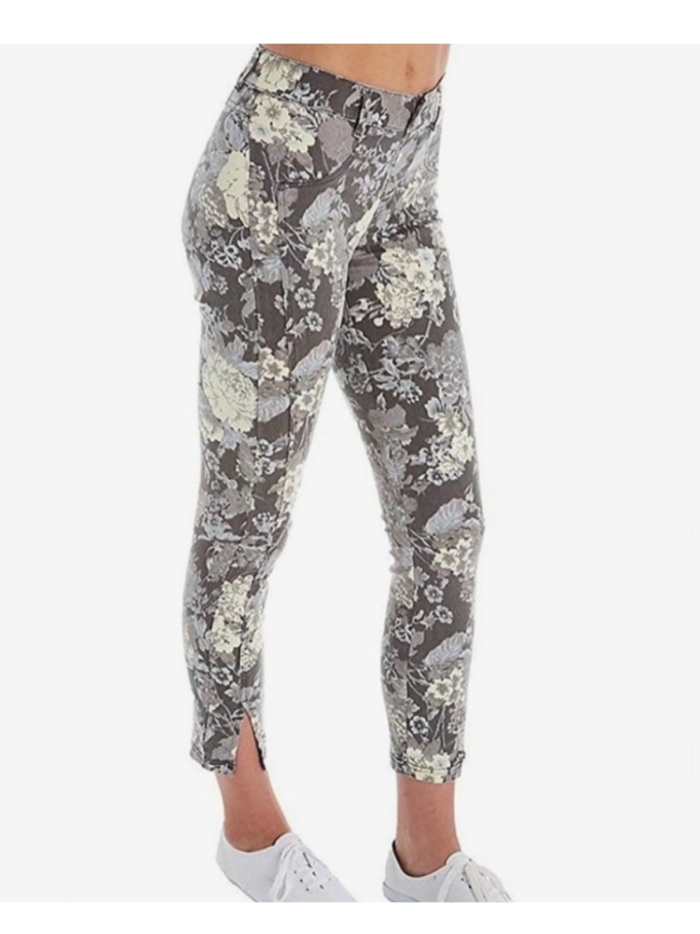 New HUE Women's Grey Floral Printed Twill Stretch Denim Skimmer Leggings Large